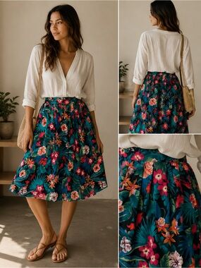 Vintage Sag Harbor Tropical Floral Rayon Midi Skirt XL